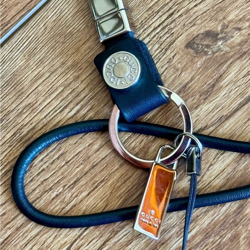 Gucci Black and Silver Lanyard Keychain with Leather strap Accent